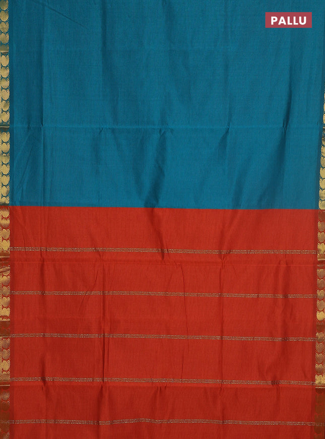 10 yards Poly cotton saree peacock green and orange with plain body and zari woven border