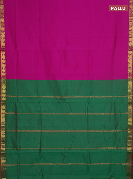 10 yards Poly cotton saree magenta pink and green with plain body and zari woven border