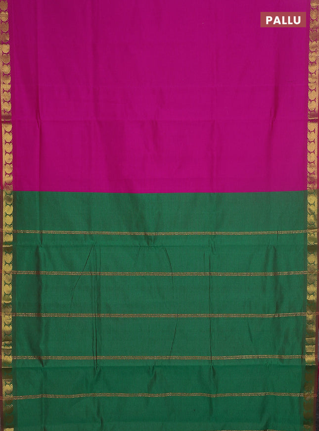 10 yards Poly cotton saree magenta pink and green with plain body and zari woven border