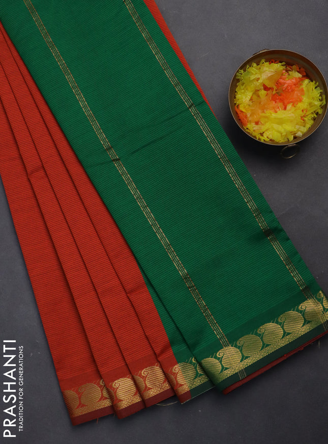 10 yards Poly cotton saree orange and green with plain body and zari woven border