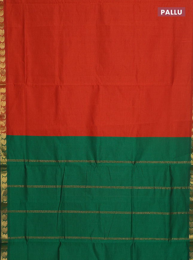 10 yards Poly cotton saree orange and green with plain body and zari woven border