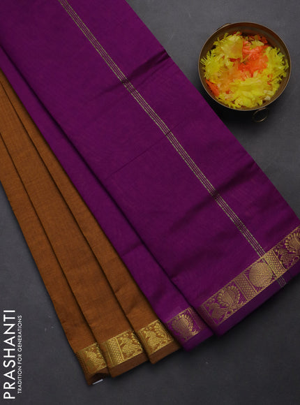 10 yards Poly cotton saree dark mustard and purple with plain body and zari woven border