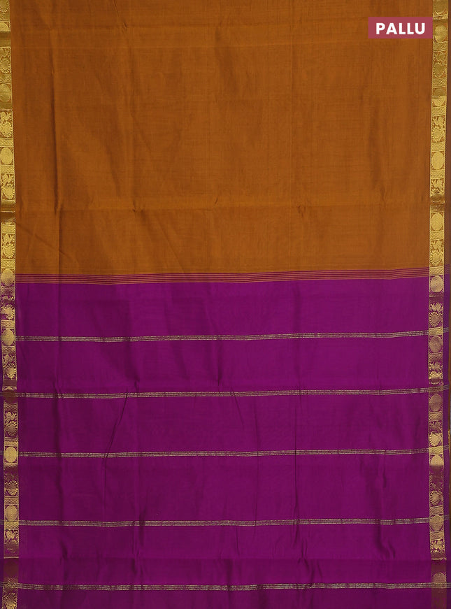 10 yards Poly cotton saree dark mustard and purple with plain body and zari woven border