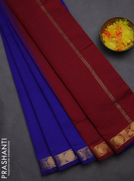 10 yards Poly cotton saree blue and maroon with plain body and zari woven border