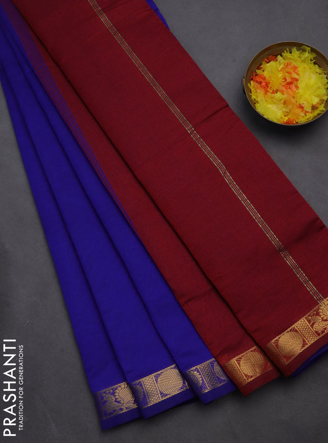 10 yards Poly cotton saree blue and maroon with plain body and zari woven border