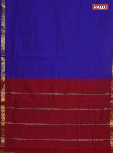 10 yards Poly cotton saree blue and maroon with plain body and zari woven border