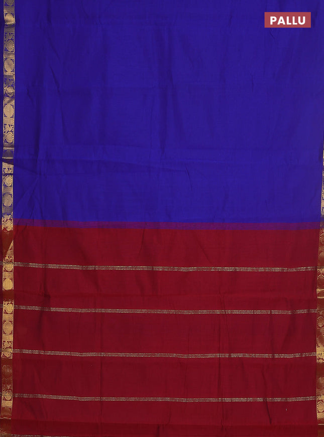 10 yards Poly cotton saree blue and maroon with plain body and zari woven border
