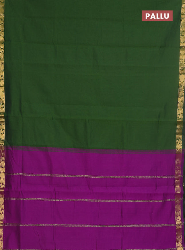 10 yards Poly cotton saree green and purple with plain body and zari woven border