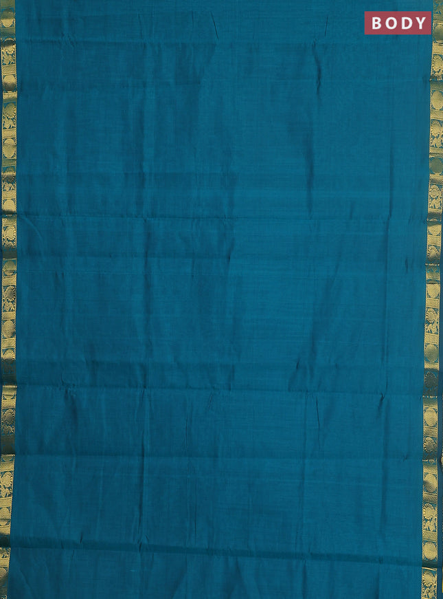 10 yards Poly cotton saree peacock green and purple with plain body and zari woven border