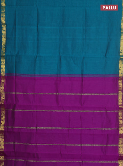 10 yards Poly cotton saree peacock green and purple with plain body and zari woven border