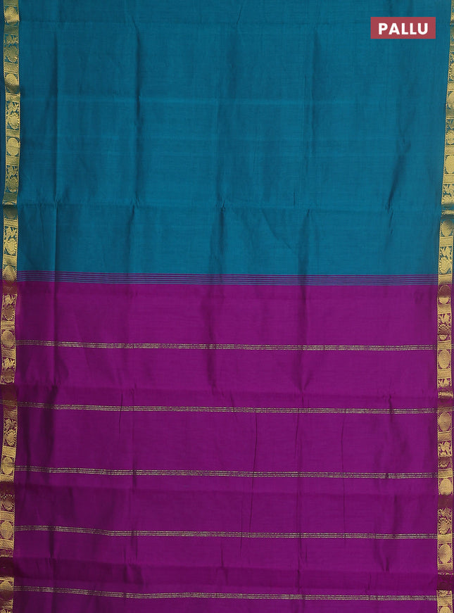 10 yards Poly cotton saree peacock green and purple with plain body and zari woven border