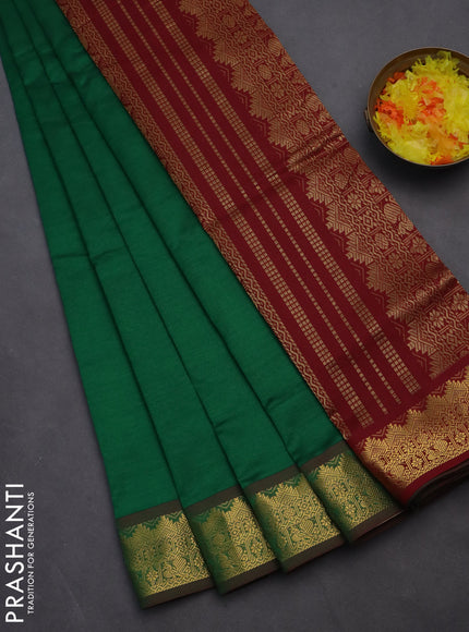 10 yards Poly cotton saree green and maroon with plain body and zari woven border