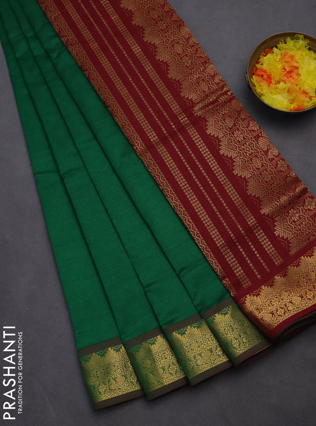 10 yards Poly cotton saree green and maroon with plain body and zari woven border