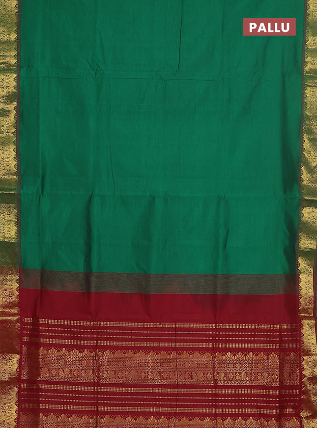 10 yards Poly cotton saree green and maroon with plain body and zari woven border