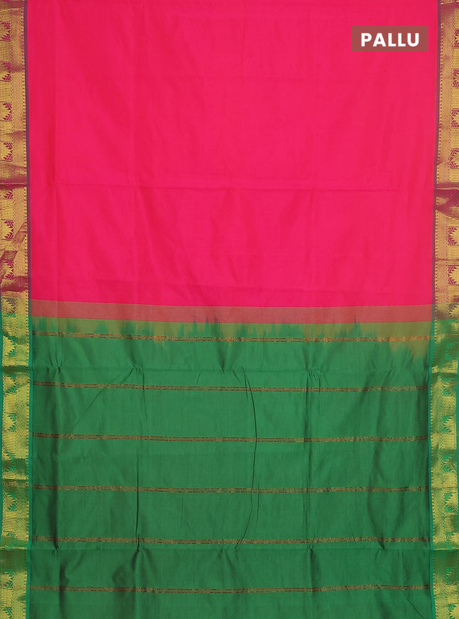 10 yards Poly cotton saree pink and green with plain body and zari woven border