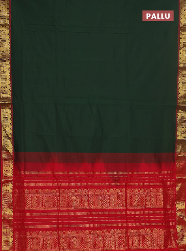 10 yards Poly cotton saree sap green and red with plain body and zari woven border