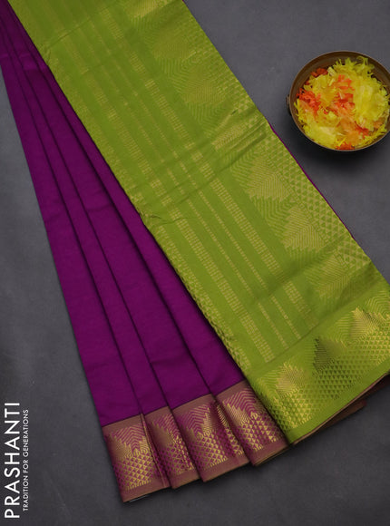 10 yards Poly cotton saree purple and light green with plain body and zari woven border