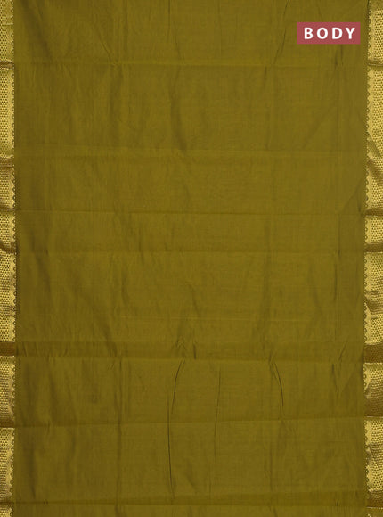 10 yards Poly cotton saree mehendi green and green with plain body and zari woven border