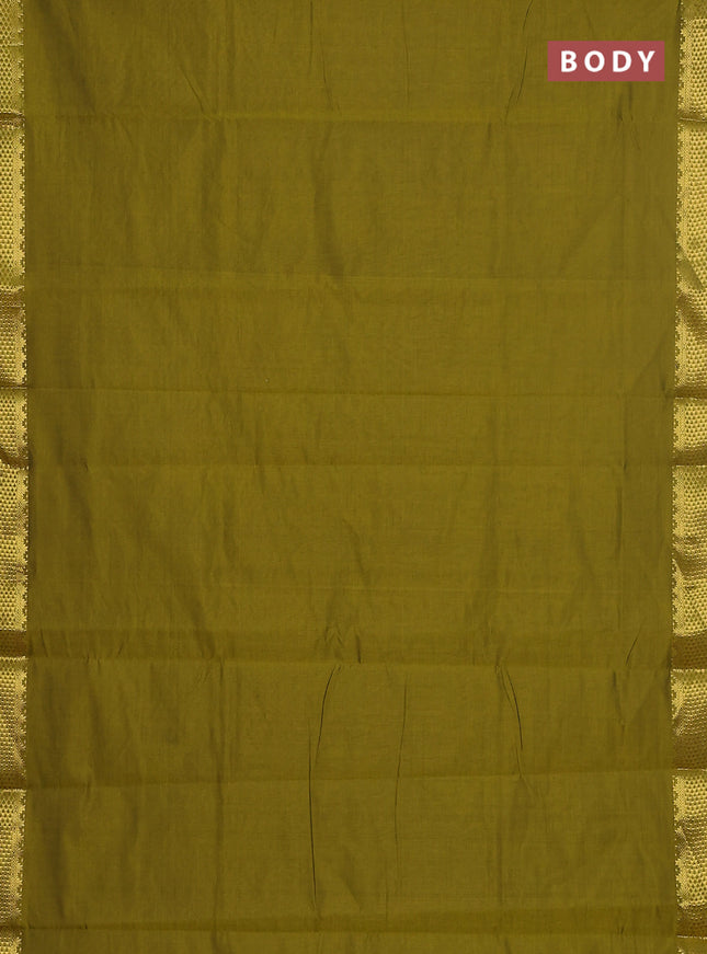 10 yards Poly cotton saree mehendi green and green with plain body and zari woven border