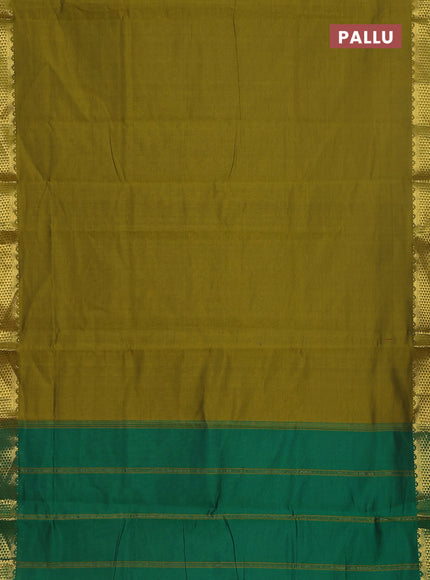 10 yards Poly cotton saree mehendi green and green with plain body and zari woven border