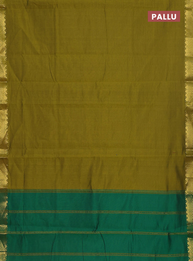 10 yards Poly cotton saree mehendi green and green with plain body and zari woven border