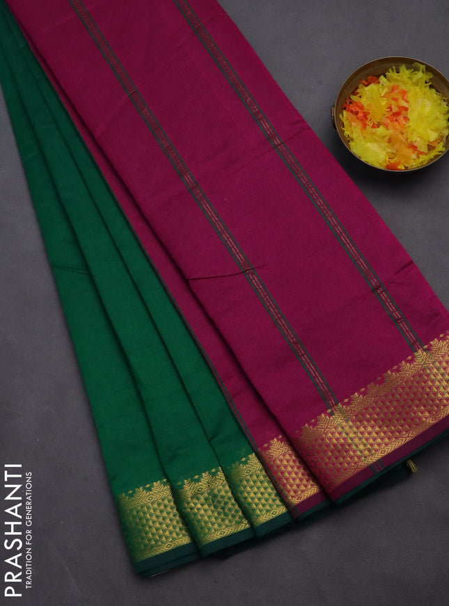 10 yards Poly cotton saree green and magenta pink with plain body and zari woven border
