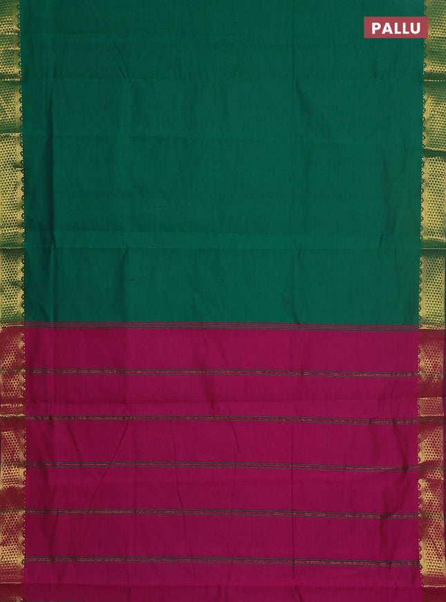 10 yards Poly cotton saree green and magenta pink with plain body and zari woven border