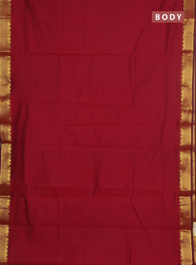 10 yards Poly cotton saree maroon and mehendi green with plain body and zari woven border