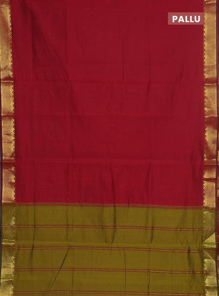 10 yards Poly cotton saree maroon and mehendi green with plain body and zari woven border
