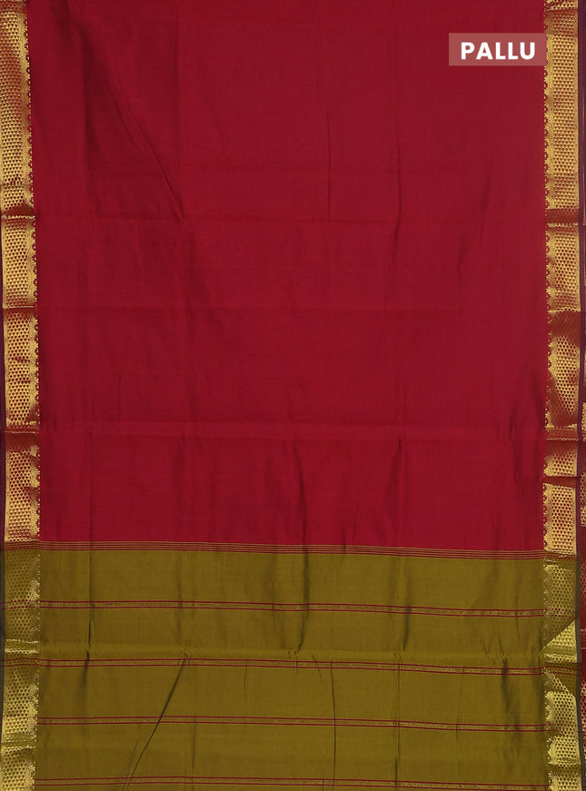 10 yards Poly cotton saree maroon and mehendi green with plain body and zari woven border