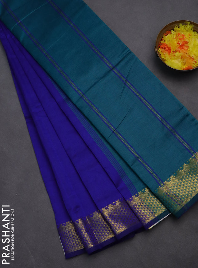 10 yards Poly cotton saree blue and teal green with plain body and zari woven border