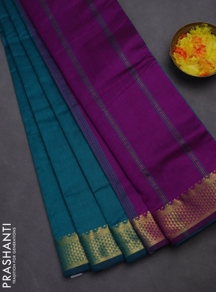 10 yards Poly cotton saree peacock green and purple with plain body and zari woven border