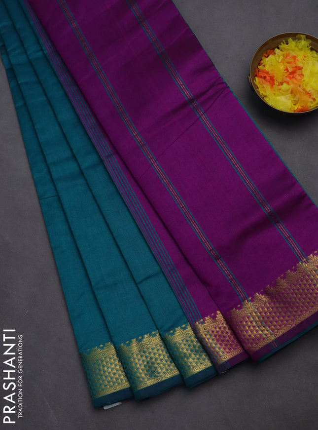10 yards Poly cotton saree peacock green and purple with plain body and zari woven border