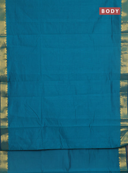 10 yards Poly cotton saree peacock green and purple with plain body and zari woven border