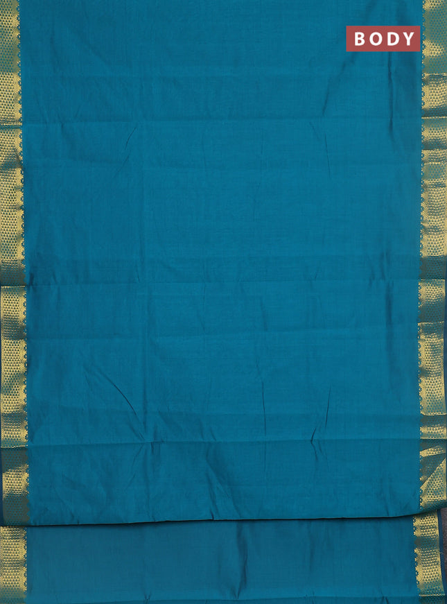 10 yards Poly cotton saree peacock green and purple with plain body and zari woven border