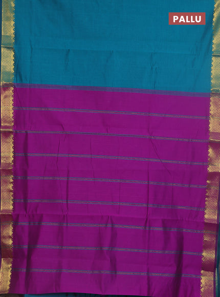 10 yards Poly cotton saree peacock green and purple with plain body and zari woven border