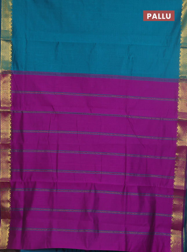 10 yards Poly cotton saree peacock green and purple with plain body and zari woven border