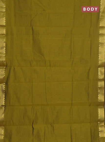 10 yards Poly cotton saree mehendi green and maroon with plain body and zari woven border