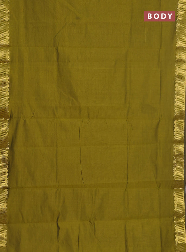 10 yards Poly cotton saree mehendi green and maroon with plain body and zari woven border