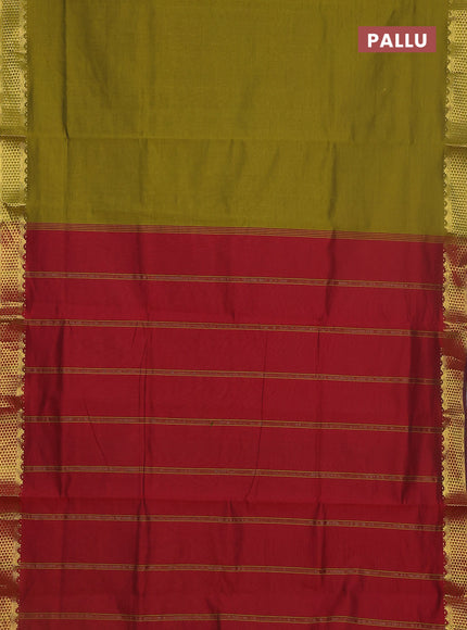 10 yards Poly cotton saree mehendi green and maroon with plain body and zari woven border