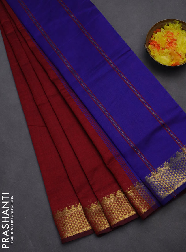 10 yards Poly cotton saree maroon and blue with plain body and zari woven border
