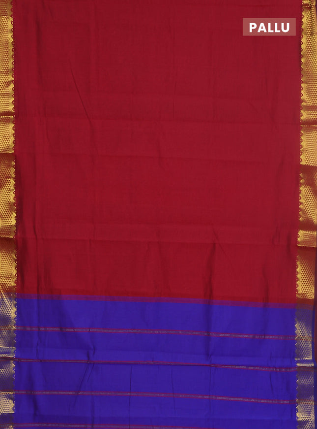 10 yards Poly cotton saree maroon and blue with plain body and zari woven border