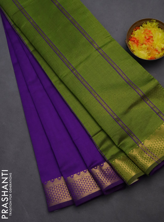 10 yards Poly cotton saree violet and light green with plain body and zari woven border