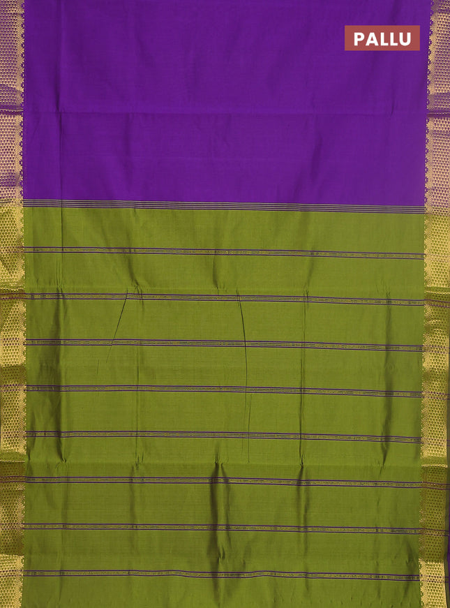 10 yards Poly cotton saree violet and light green with plain body and zari woven border
