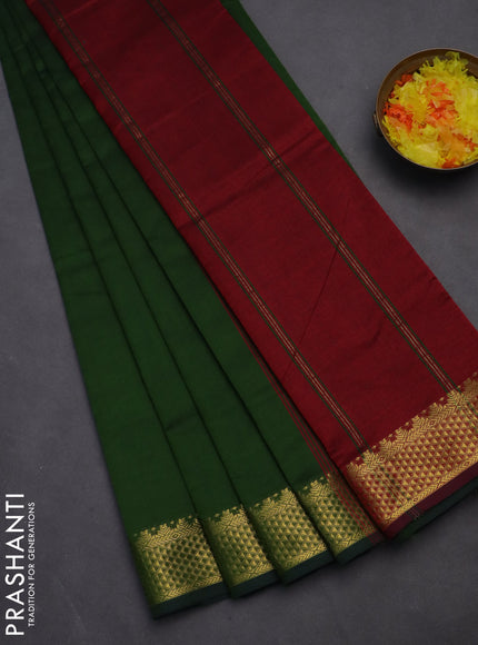 10 yards Poly cotton saree sap green and maroon with plain body and zari woven border