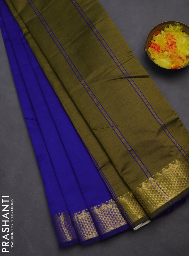 10 yards Poly cotton saree blue and mehendi green with plain body and zari woven border