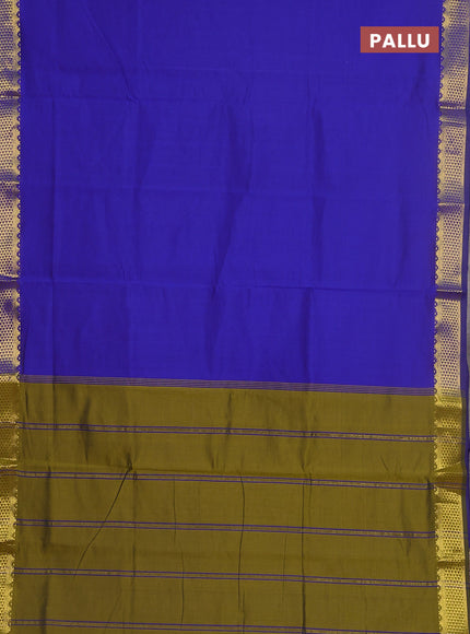 10 yards Poly cotton saree blue and mehendi green with plain body and zari woven border