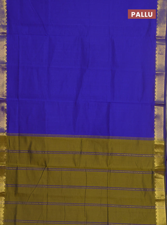 10 yards Poly cotton saree blue and mehendi green with plain body and zari woven border