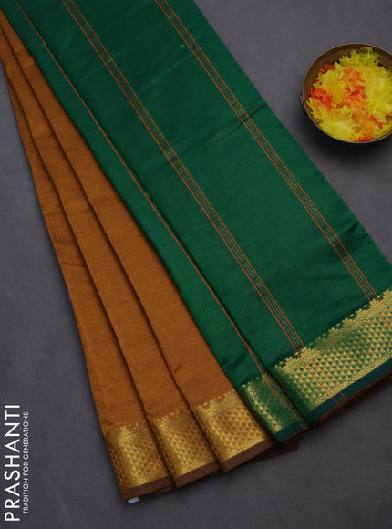 10 yards Poly cotton saree dark mustard and green with plain body and zari woven border