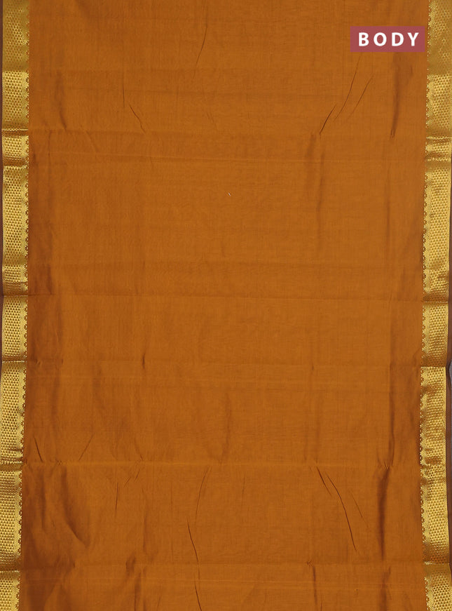 10 yards Poly cotton saree dark mustard and green with plain body and zari woven border
